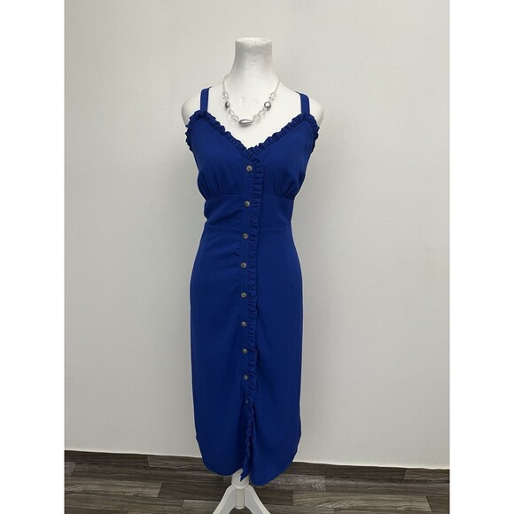 C Dresses & Skirts - C Women’s Sheath Ruffle Dress Sleeveless Blue Large Button Down V Neck Lining